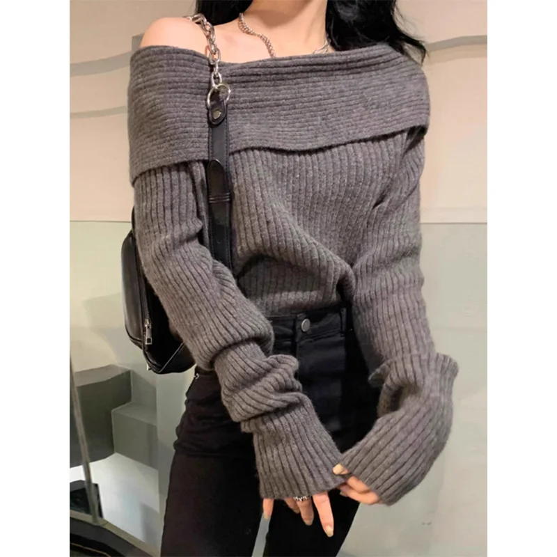 

Spicy Girl Pure Desire One oulder Long Sve Knitted Sweater Women's Autumn Winter Loose Versatile Thiened ey Top