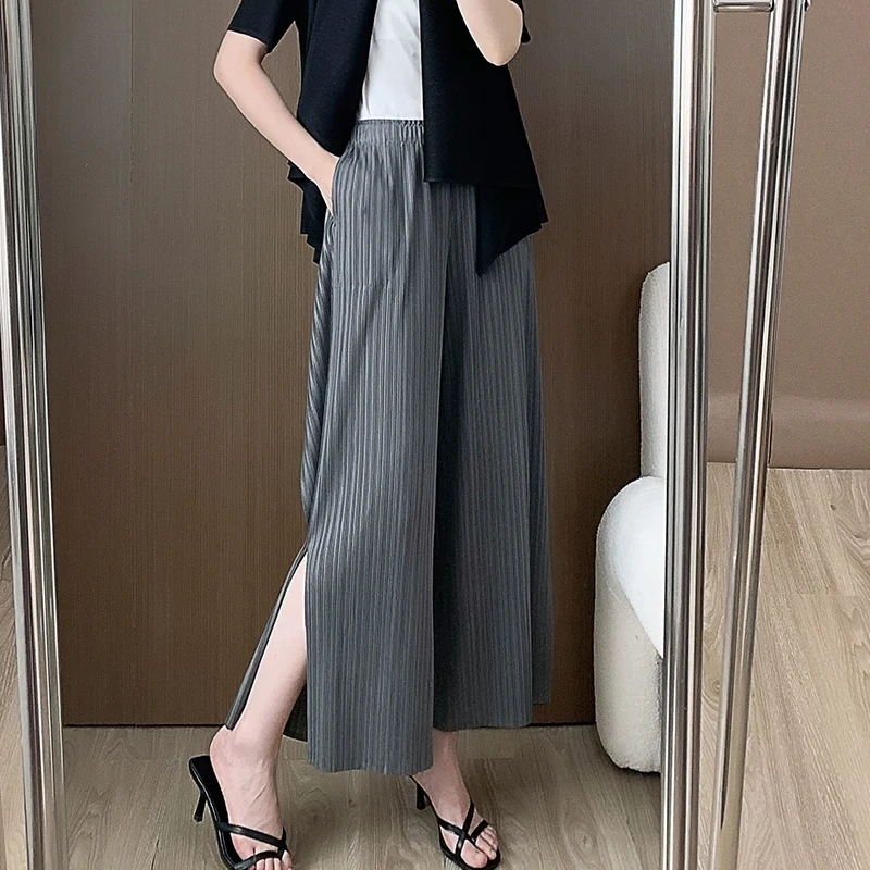 Miyake Pleated Pants for Women's Summer New Sagging Split High Waist Loose Large Size Slim Wide Leg Pants Loudspeaked Pants