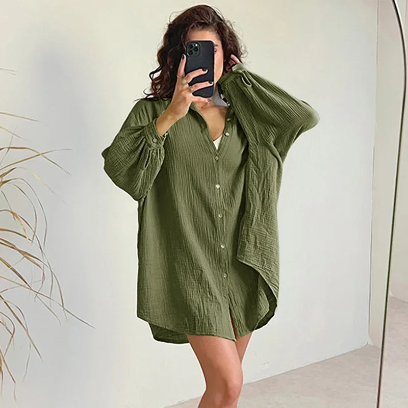 

Loose Casual 100% Cotton Gauze Women Blouse Long Sleeve Sexy V-ncek Button Up Streetwear Oversize Tee Shirt Elegant Top Clothing