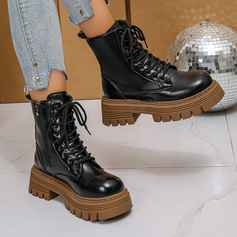 أحذية الموضة النسائية جولة اصبع القدم منصة وحيد كعب مربع الدانتيل متابعة الجانب سستة أحذية قصيرة ريترو الشارع الشرير نمط حذاء من الجلد #2