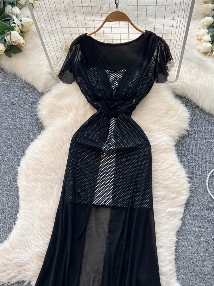 夏の女性の半袖メッシュドレスハイウエストAラインスカートデザインスパンコールパッチワークエレガントロングドレス通勤韓国スタイル