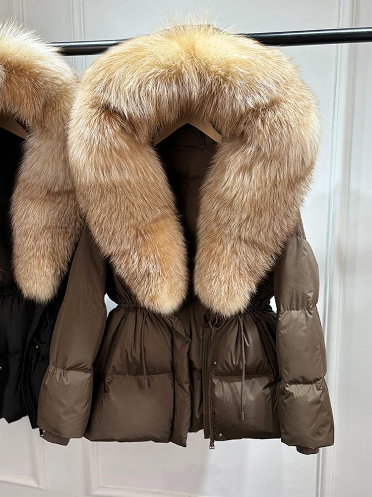 2026 New Winter Real Natural Fox Fur Collar Thick Wam Puffer Jacket Women Hooded Belt Slim White Duck Down Coat Waterproof Parka