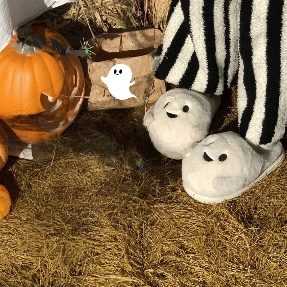 Moda macia fantasma chinelos silencioso quente halloween chinelos de pelúcia antiderrapante sola grossa inverno fofo slides casais