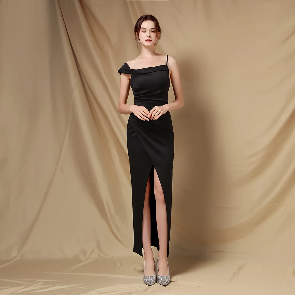 Evening Dress Black Stretchy Sgaphetti Straps Zipper Back Mermaid Trumpet Ankle-length Slit Women Party Formal Gowns YE271