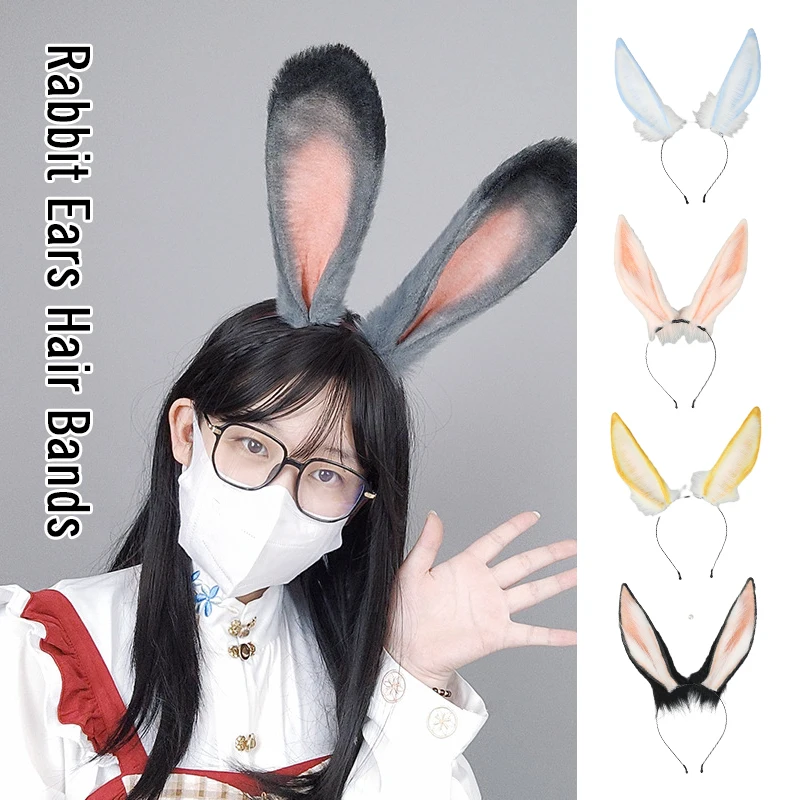 Diadema con Orejas de conejo largas de felpa para niñas, accesorios de Cosplay de Lolita, sombrerería con orejas de Animal para fiesta de Halloween, accesorios para el cabello de aro, cola de conejo