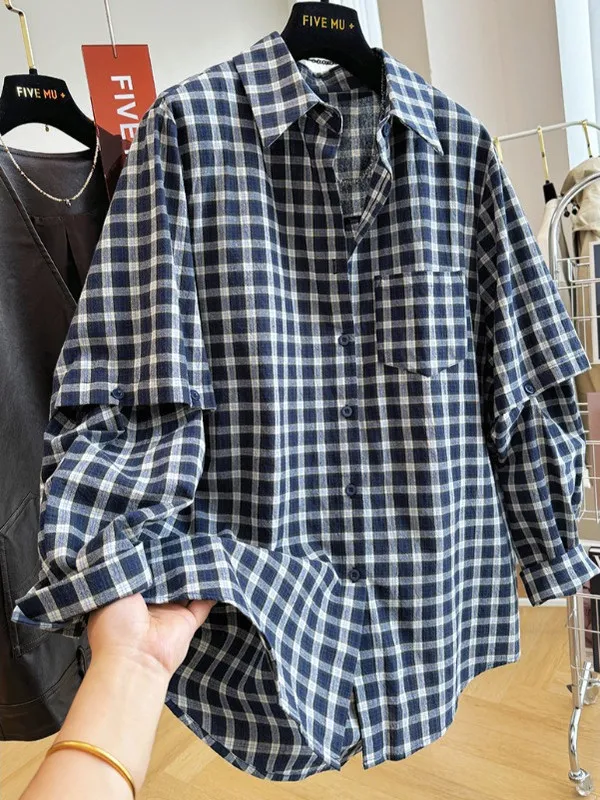 Retro Casual Plaid Long Sve irt Damen Loose Korean Sle Chic Personali Casual Top Frühling 2026 Seasonal Faion