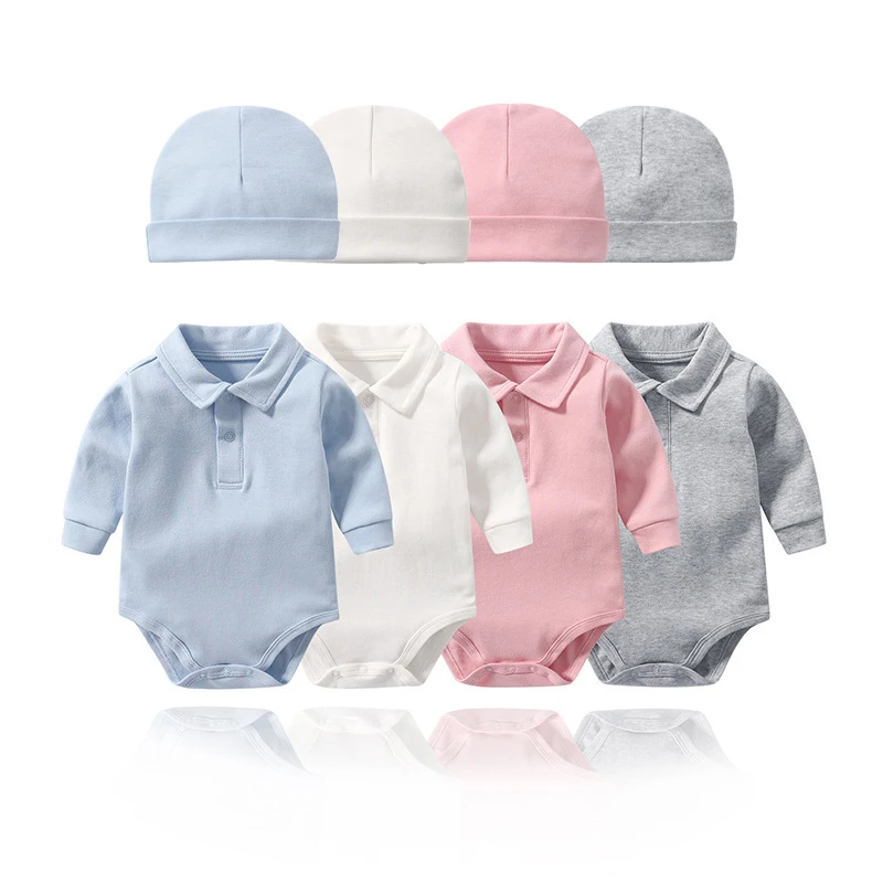 Baby Clothing Newborn 0-12 Months 100% Cotton Solid Color Lapel Collar Long Sleeve Polo Shirt Bodysuit Babies Girls/Boys Tees