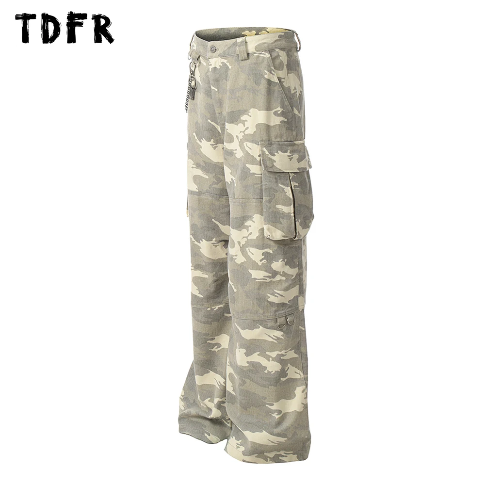 Necklace Decoration Camouflage Cargo Pants Mens Safari Style Multi-Pocket Straight Loose Wide Leg Trousers Men