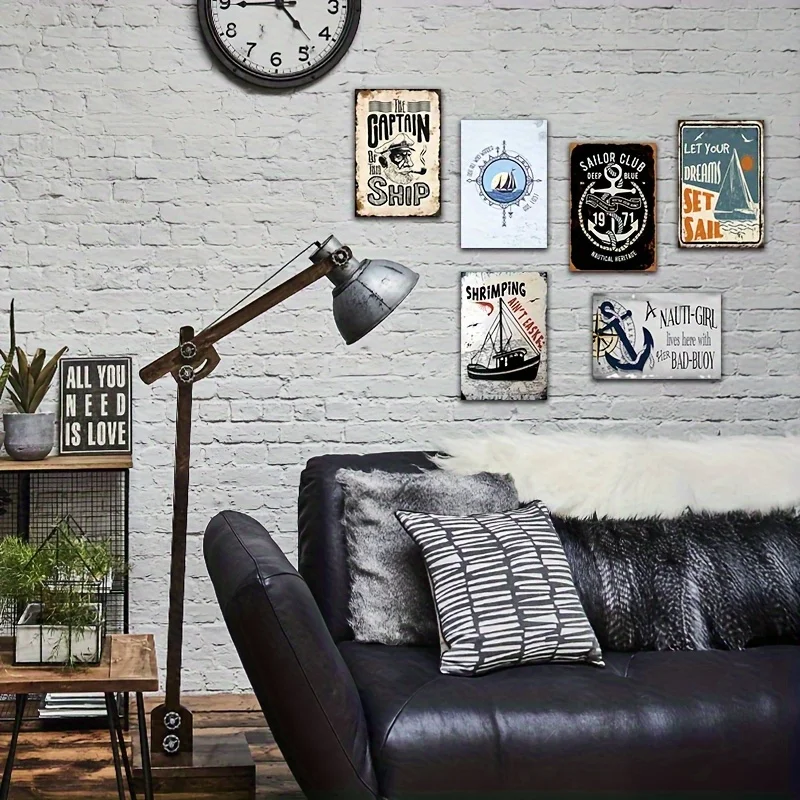 [JIT] 6 قطع ديكور معلق على الحائط معدني بحري عتيق - "نادي بحار" و"Let Your Dreams Set Sail" - 20.32 × 30.48 سم، ريفي نوتيكا