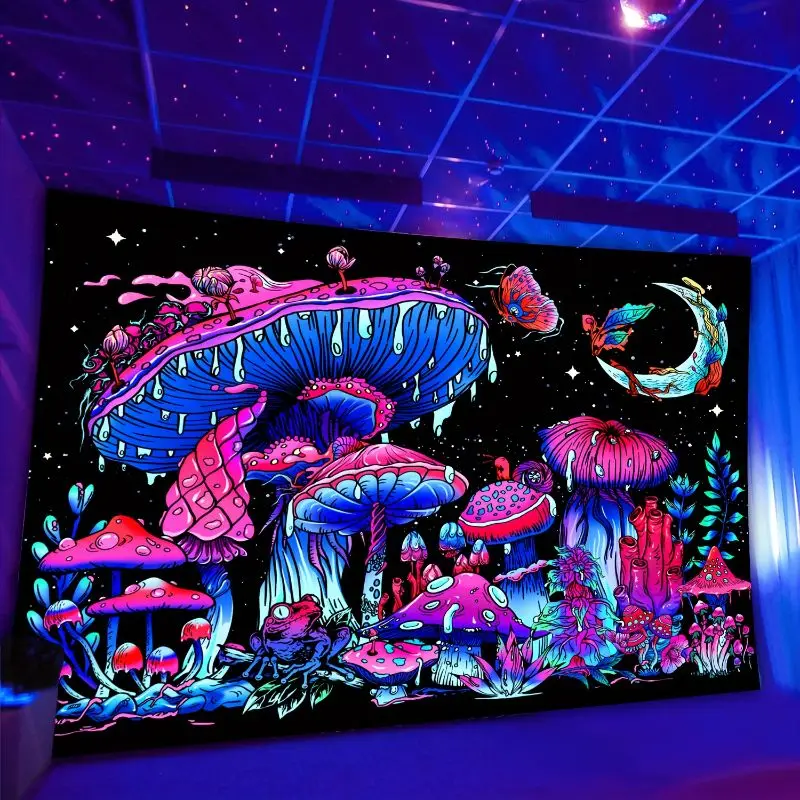 VIKAMA Uv Sensitive Psychedelic Mushroom Moon Tapestry, Fantasy Flower Wall Hanging Bedroom e-Sports Room Home Decoration