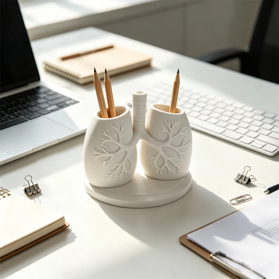 Personalized Lung-Shaped Multifunctional Desktop Storage Box Made of Petg Material, Sturdy and Durable, with Three-Dimensional Embossed Lung Texture, Dual-Compartment Stationery Storage Tube, Dual Storage Cups + Central Tube Slot Design for a Stable Base, Matte Black and White Modern Medical-Style Desktop Ornament, Can Be Used as a Pen Holder, Toothbrush Holder, Vanity Organizer, Suitable for Office, Study Desk, Bathroom, Space-Saving Organizer for Miscellaneous Items, Office Storage for Medical Students and Nurses