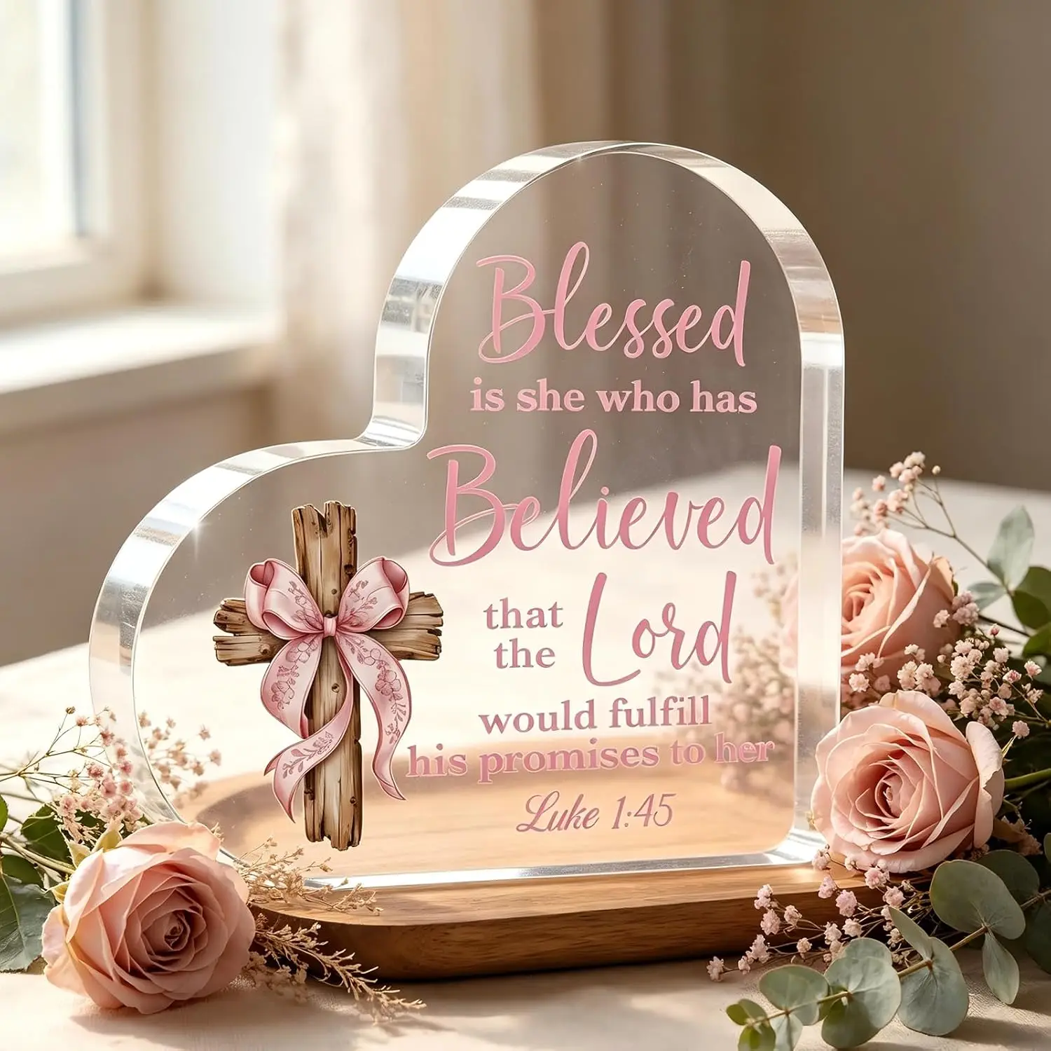 Blessed Is She Who Has Believed Heart Acrylic Plaque, Wooden Cross Pink Ribbon Luke 1:45 Bible Verse Faith Desk Keepsake Gift