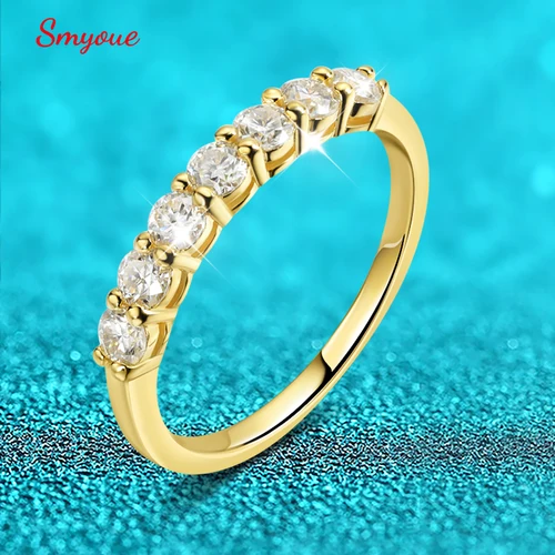 Smyoue 여성용 18k 도금 2.3, 3mm, 7 스톤 모이사나이트 반지, 클래식 매치 다이아몬드 웨딩 밴드, 925 스털링 실버 쥬얼리