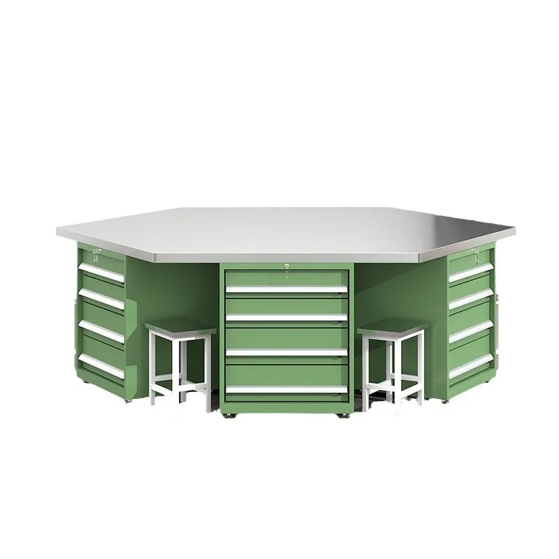 Custom heavy duty hexagonal fitter table, multi-station hexagonal tool table