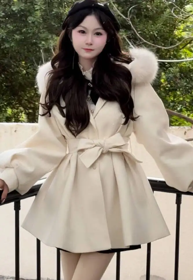 

Wool Blend Coats Womens Woolen Coat Korean Style Woman Winter Cashmere Velvet Embossed Bronzing Notched Collar Sashes Drawstring