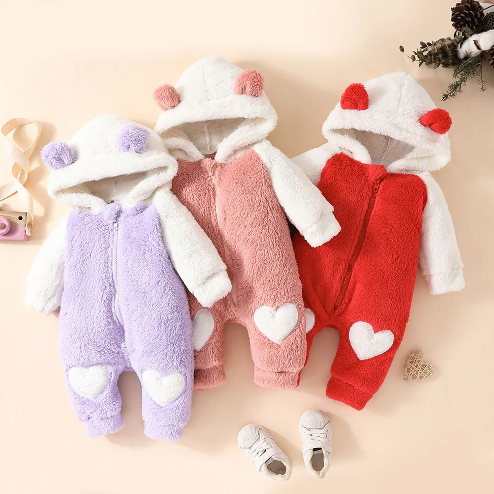 Girls Baby Cute Winter Infant Zipper Jumpsuits Hooded Heart Coral Fleece Bear Shape Newborn Cartoon Soft Romper