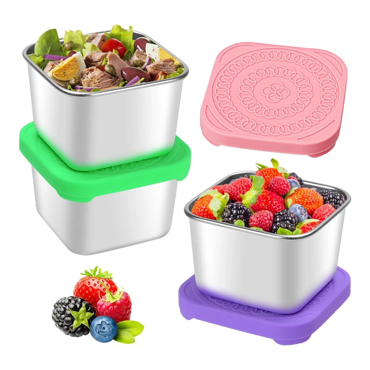 3Pcs 6Oz Stainless Steel Snack Containers, Snack Container with Silicone Lids, Leakproof 304 Steel Snack Lunch Box