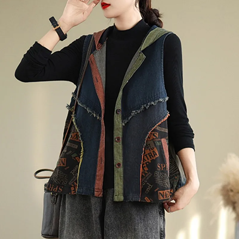 Women Causal Denim Vest Jackets New Arrival 2024 Autumn Vintage Style Streetwear Basics Female Sleeveless Hooded Coats B3942