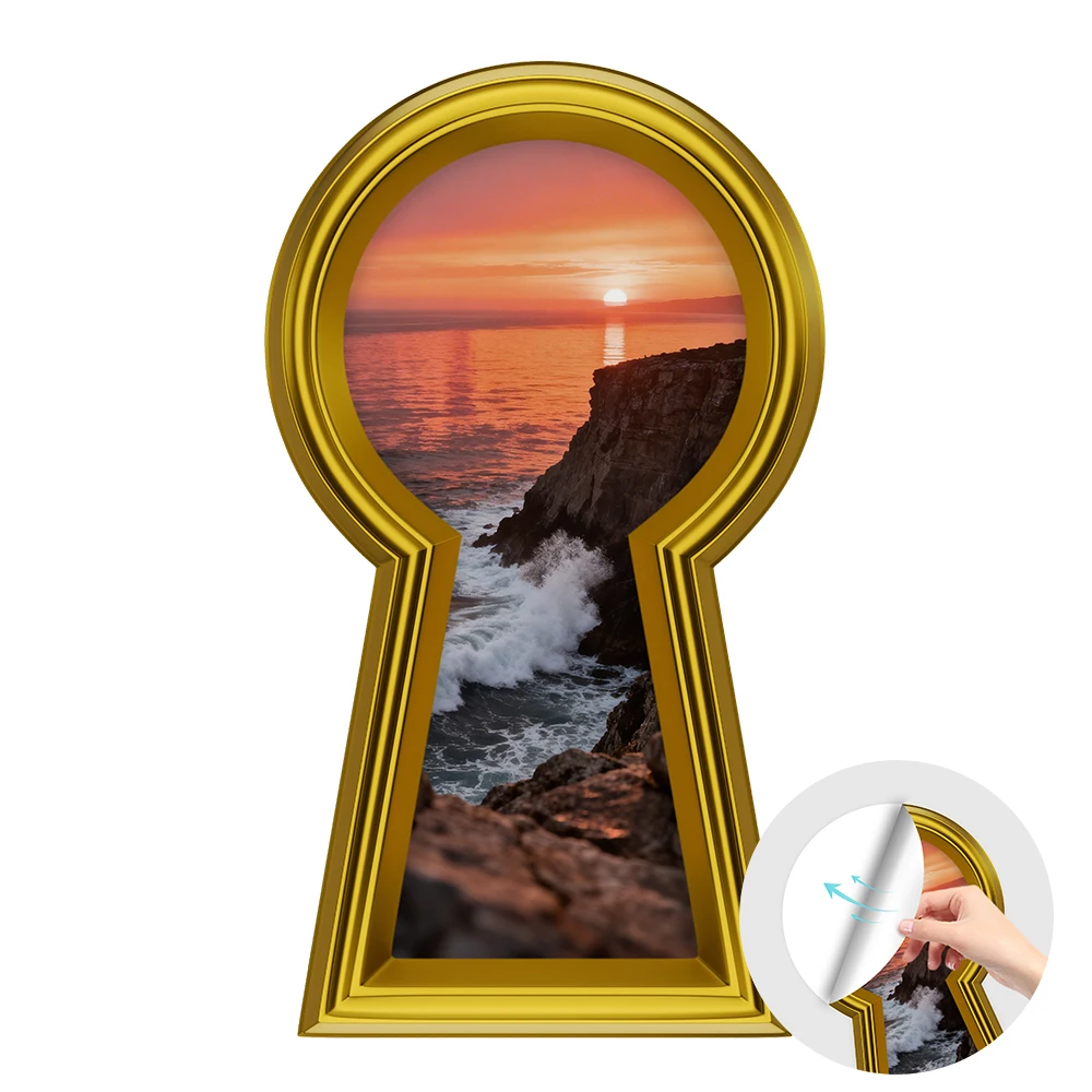 

Golden Keyhole Wall Decal, Sea Sunset Scene Peel and Stick Wall Art, Removable Mural for Home Office Decoration