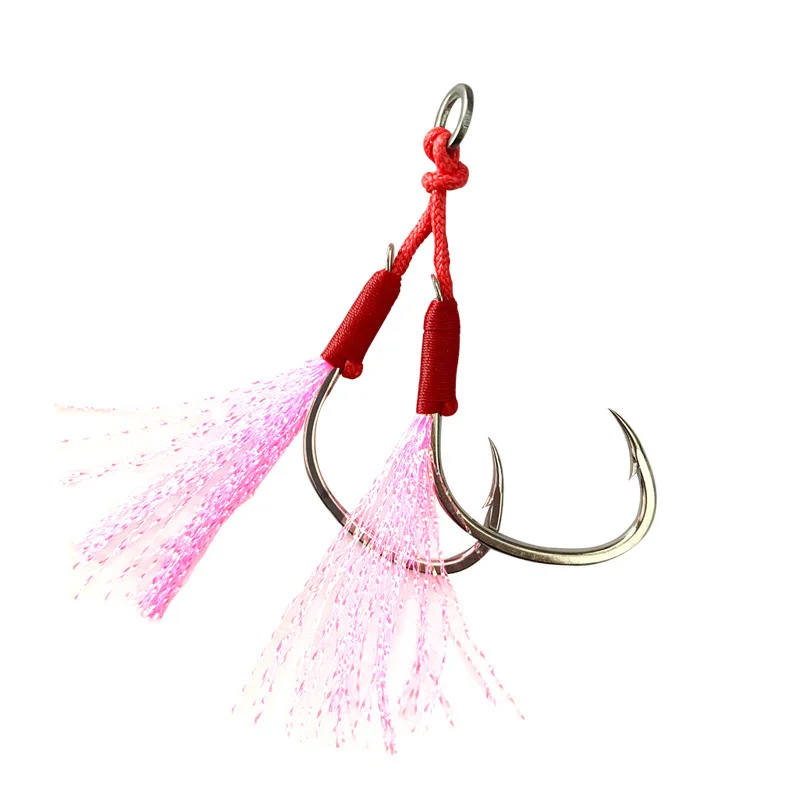 10Pairs/Lot Metal Jig Assist Hook, Red PE Line Double Hook Jigging Spoon Fishhook for 28-400g Fishing Lure