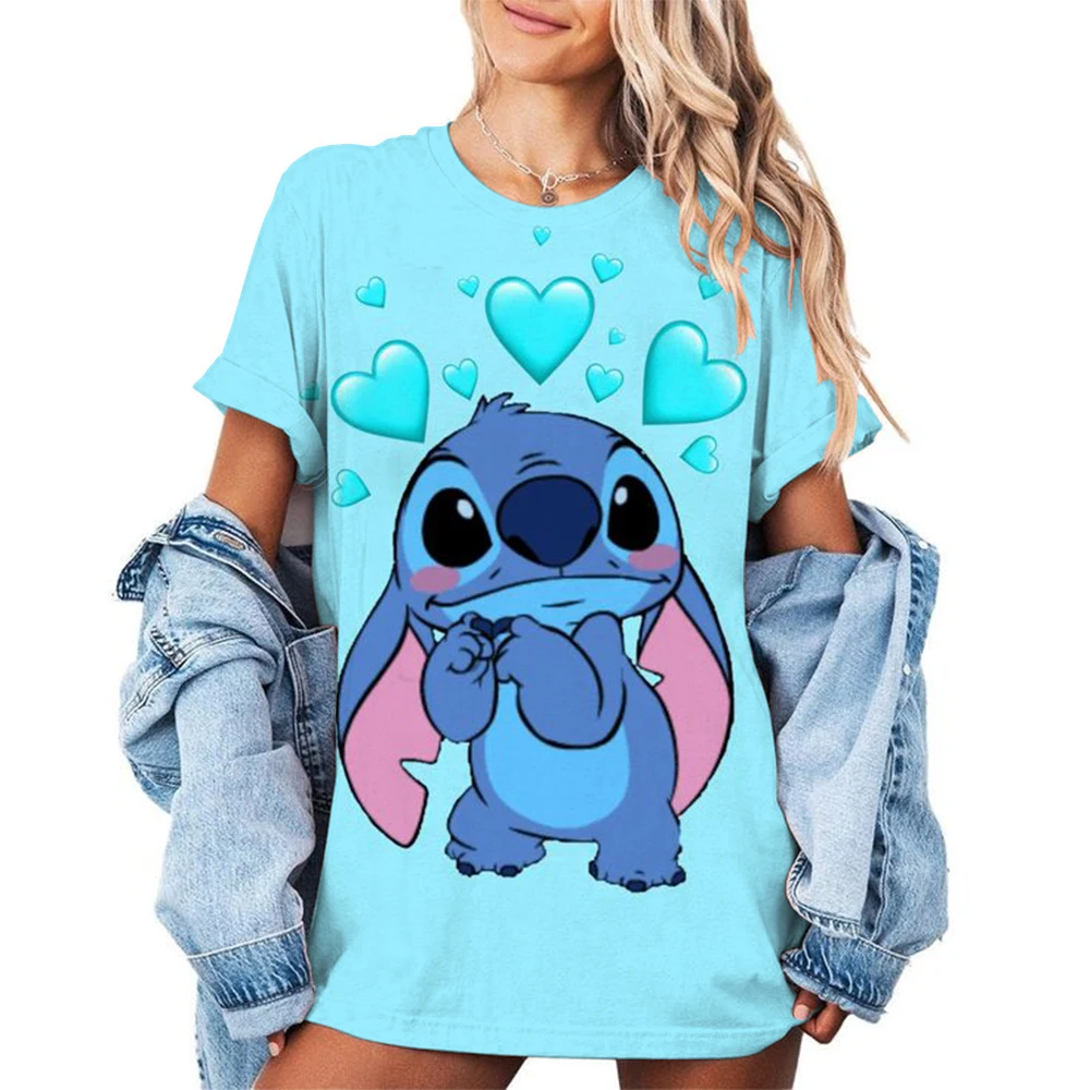 Mickey Mouse Stitch Print T-shirts Tops for Women Lady Summer Children T-shirts Casual O-neck Ohana Stitch Disney T-shirts