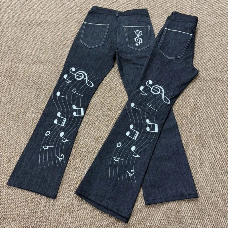 Embroidery Slim Flare All-match Skinny Jeans Women Office Lady Denim Pants High Street Streetwear Unique Elegant Trousers