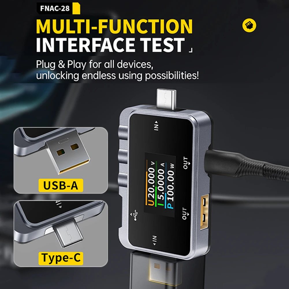 FNIRSI FNAC-28 2 IN 1 Type-C USB Tester Digital Voltmeter Ammeter Amperimetor Voltage Current Meter Power Bank Charger Measure