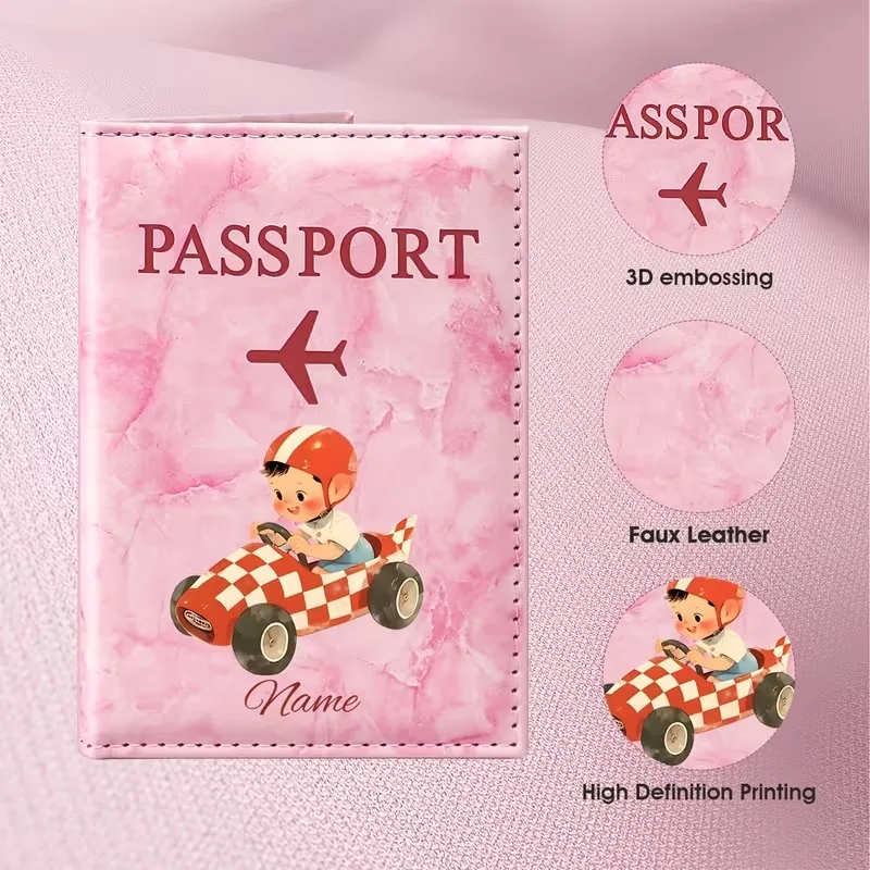 Custom Name Cartoon Race Car Driver Pattern Passport Holder, Featuring Red and White Checkered Race Car and Helmet Element Print
