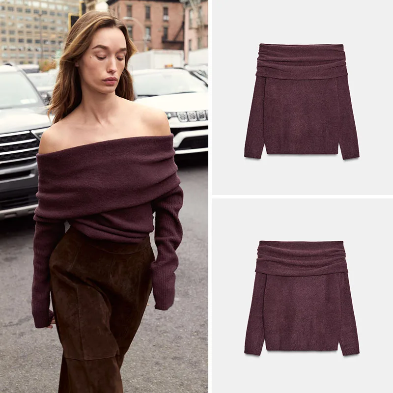 

Sexy Long Sve Knitted oulder Bared Neline Straight Tube New Autumn Women's Faion Simple Sle Pure Girl's Single Piece