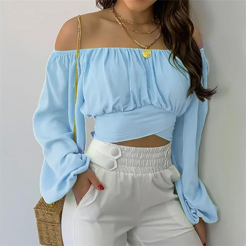 Women Off The Shoulder Short Shirt Crossover Straps Slim Fit Blouse Female Spring Comfortable Commuter Casual Lantern Sleeve Top