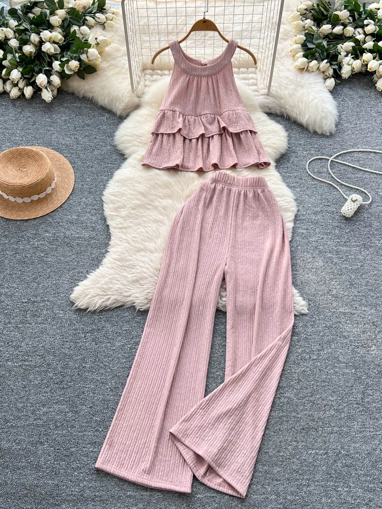 

Ele Summer Women's Set Svel Ruffle Hem Top with Elastic Waist Wide Leg Slimming Long Pants Faionable Ensemble