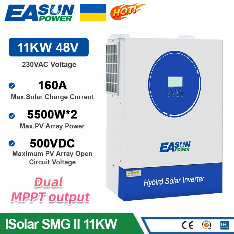 EASUN POWER Hybrid Solar Inverter 11KW 220V Inverter Pure Sine Wave 48VDC Battery Solar Inversor 160A MPPT Controller Converter