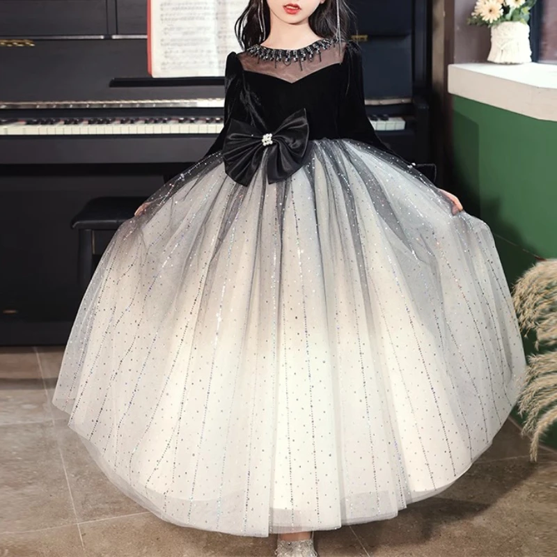 

Temperament O Neck Puff Full Sleeve High Waist Ball Gown Sweet Front Beading Bow Appliques Flower Girl Dress Sequin Stripes Robe