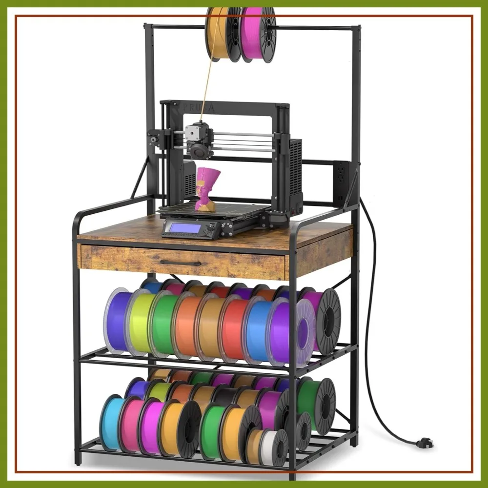 

3D Printer Stand with Power Hub & Top Shelf – Heavy Duty X-Bracket Stability, 3-Tier Organizer for Workshop