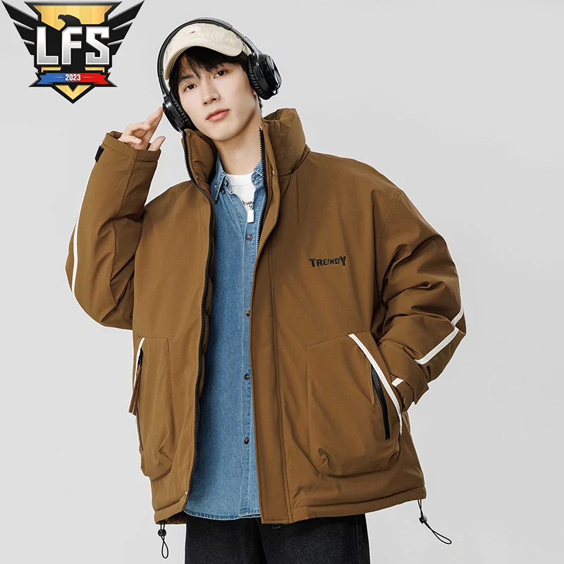 Casaco acolchoado grosso masculino com gola, corta-vento impermeável, parkas quentes, casacos unissex, jaqueta de luxo, fecho de correr, marca fashion, inverno