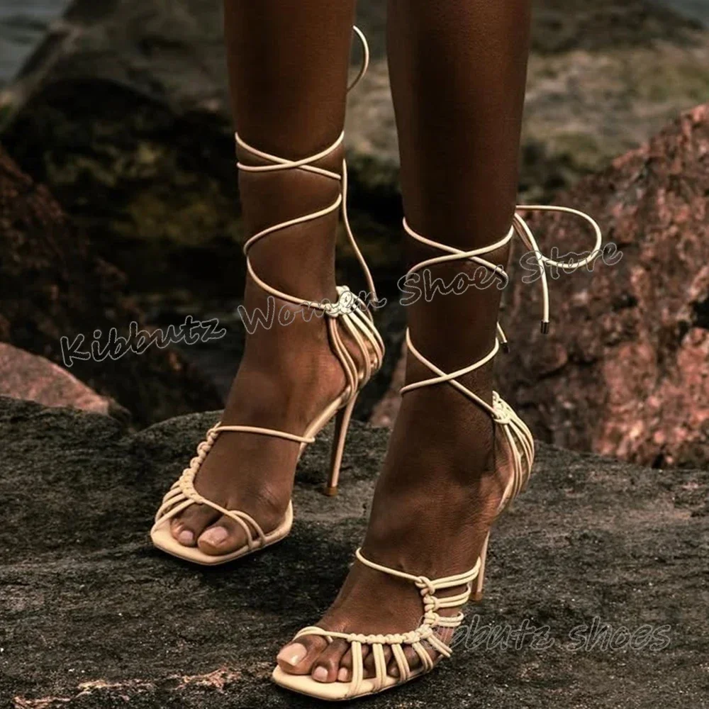 Rome Lace-Up Sandals Women Shoes Square Toe Thin Heels Customize Hollow Leather Solid Color Fashion Concise Sexy Elegant Luxury view 4