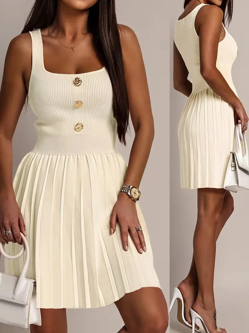 Damen-Kleid mit tiefem Ausschnitt, Knopfverzierung, schmaler Passform, Frühling/Sommer, kurzes A-Linien-Strickkleid, elegant, tailliert, Freizeitkleidung