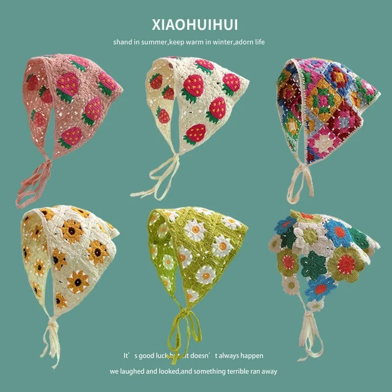 2026 Korean Sweet Cute Handmade Crochet Hollow Triangle Headband Towel Women Literary Photo Hair Scarf