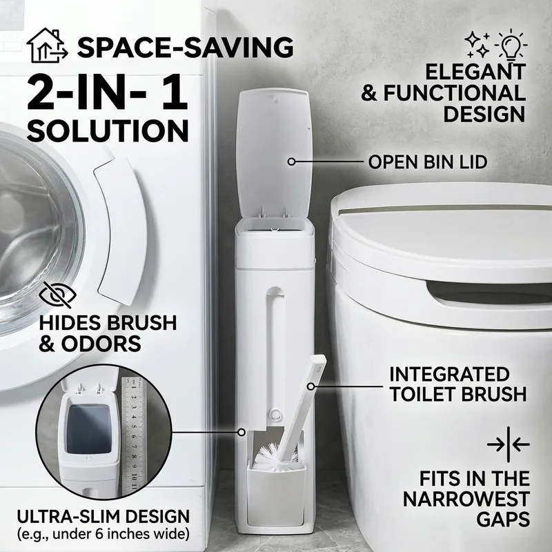 Christmas Stocking Stuffers Bathroom Trash Can Toilet Brush Combo With Lid Space Saving Narrow Small Garbage Can Bathroom Access