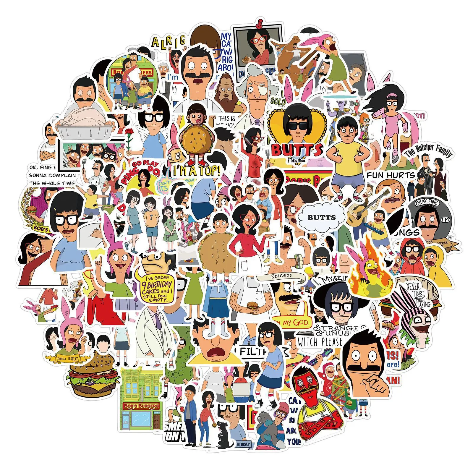 

10/30/50/100PCS Bobs Burgers Stickers Funny Cartoon Animation Sticker Toy Scraobook Fridge Luggage Laptop Guitar Car Bike Decals