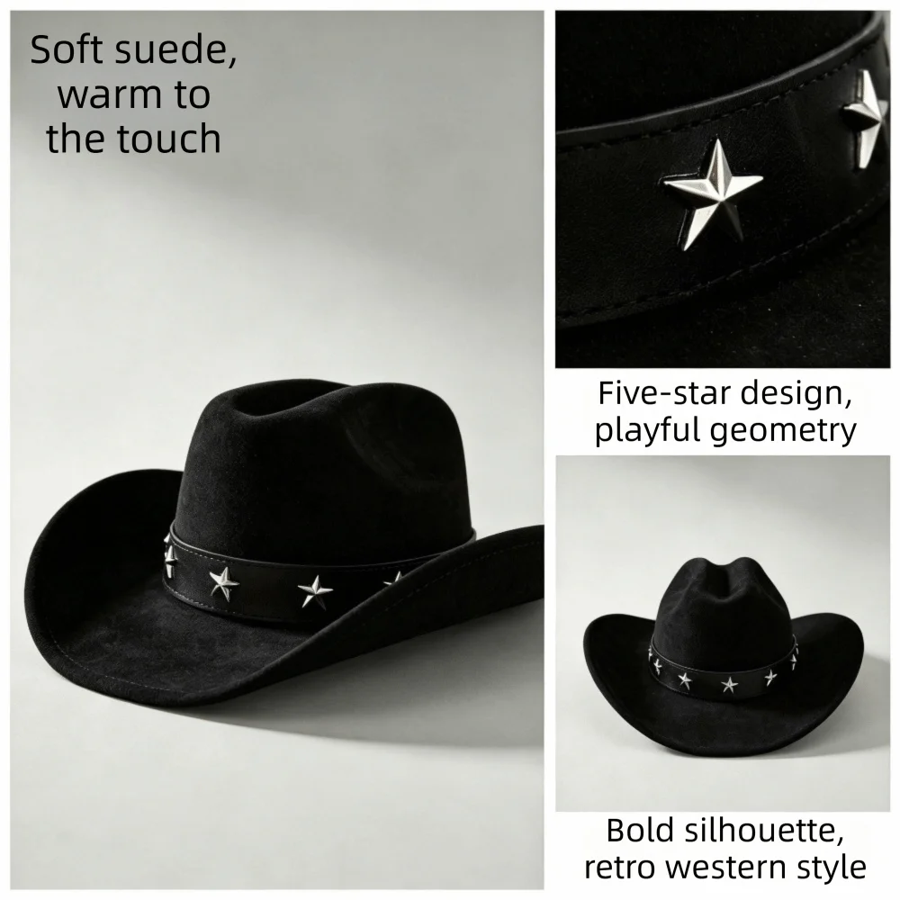 New Big Brim Fedora Hat Five-pointed Star Belt Curved Brim Western Top Hat Vintage Breathable Cowboy Cap Spring Autumn