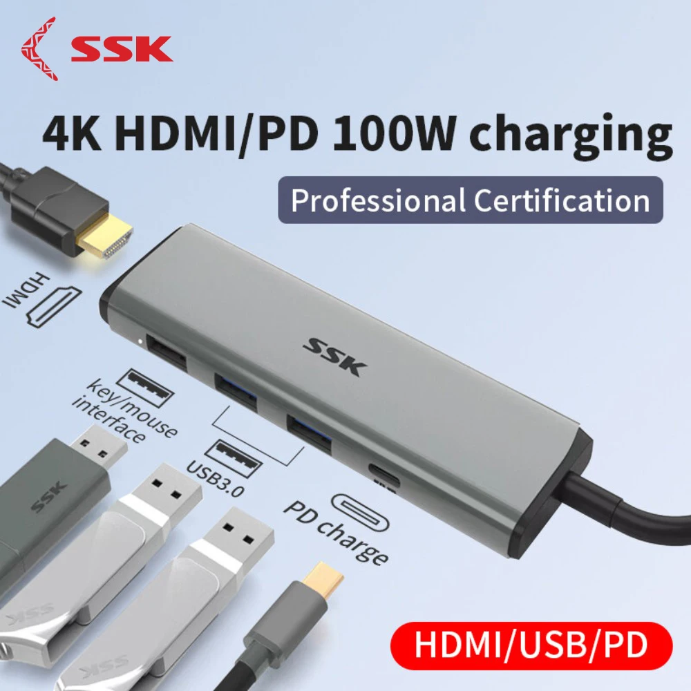 SSK USB C 허브 멀티 포트 어댑터, 맥북 아이패드 프로 에어 PC 액세서리용, USB C-HDMI USB 3.0, 100W PD 어댑터, 4K, 60Hz