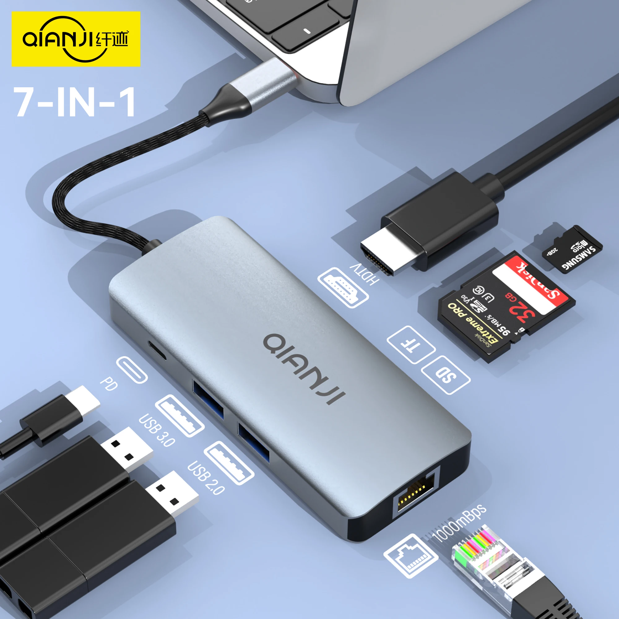7-in-1 Multiport USB-C Hub, 4K High Definition HDMI Type-C Laptop Expansion Dock Adapter