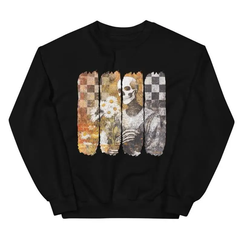 

Vintage Skeleton Graphic Sweatshirt Aesthetic Checkered Pullover Goth Streetwear Jumper Long Sleeve Unisex Crewneck Emo Clothes