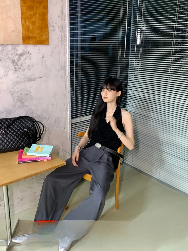 

Loose Wide Leg Pants Diamond Color Blo Vertical Stripes Straight Cut Floor Length Trousers Suit Pants Casual High Waist