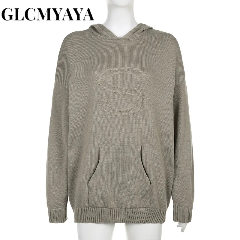 GLCMYAYA Women American Retro LOOSE Letter Pockets Hooded Sweatshirts 2023 INS Streetwear Fashion Basics Long Sleeve Hoodies