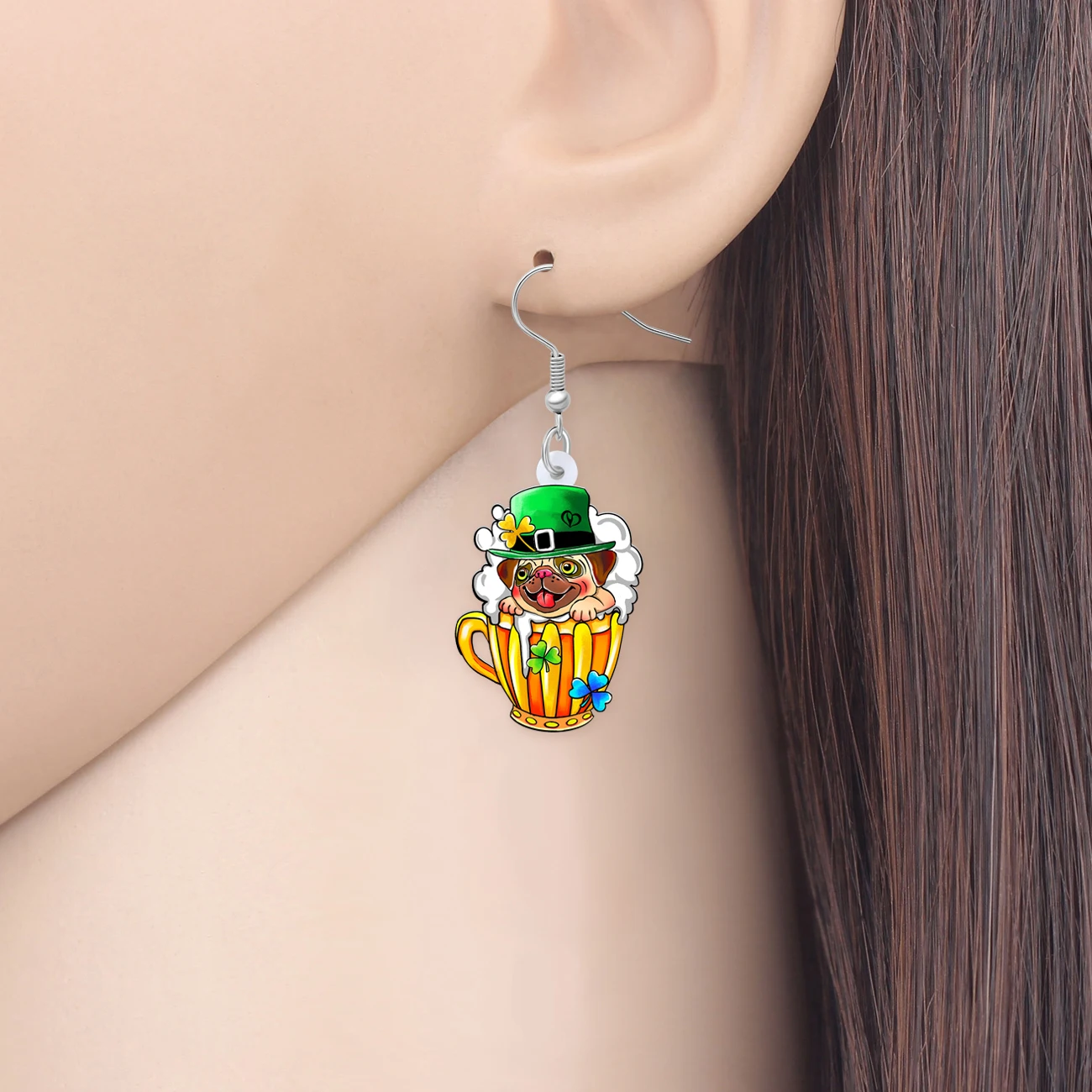 BONSNY Acrylic St Patricks Day Pug Dog Earrings Lucky Green Hat Shamrock Animal Irish Jewelry Good Luck Gifts For Women Drinkers - view 2