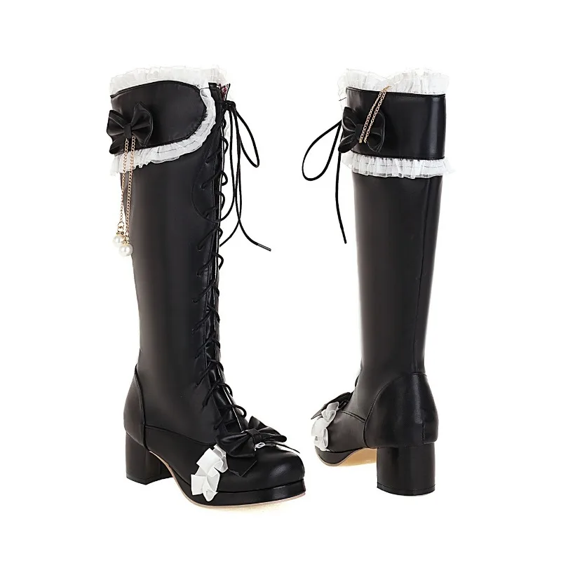 Fashion Princess Lolita Wedding Party Platform Shoes Cross Tied Bow Design White Pink Mid Heels Boots Female Lace Edge