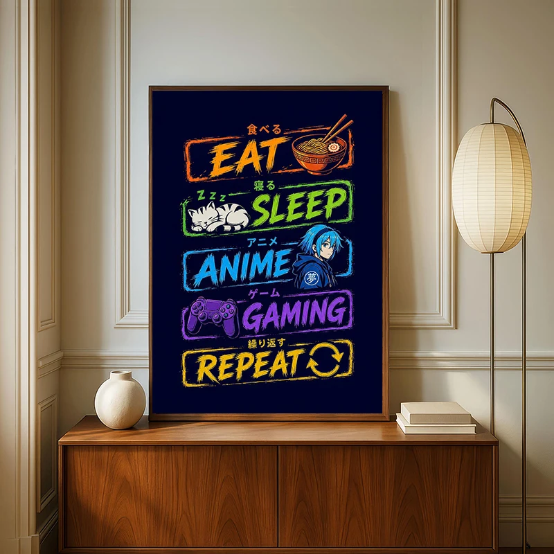 Eat Sleep Anime Gaming Repeat  Gamer Wall Art Posters Prints Canvas Painting Canvas Picture for Kids Boys Room Playroom Decor