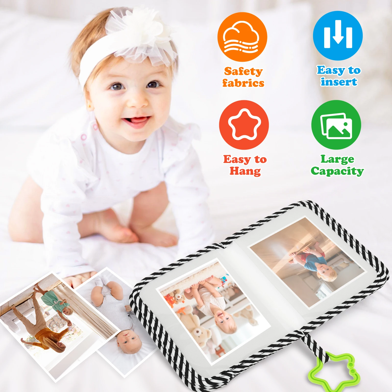 Soft Cloth Baby Photo Album Safe Baby Memory Album Book with Mirror and Hook Cute Newborn Family Memory Picture Book Holds 17